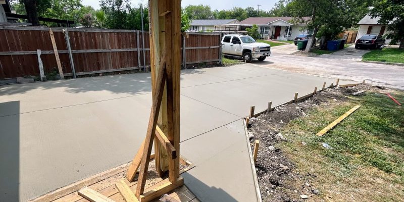 Freshly poured concrete driveway beside a house with a wooden porch, suburban street with parked cars and trees.